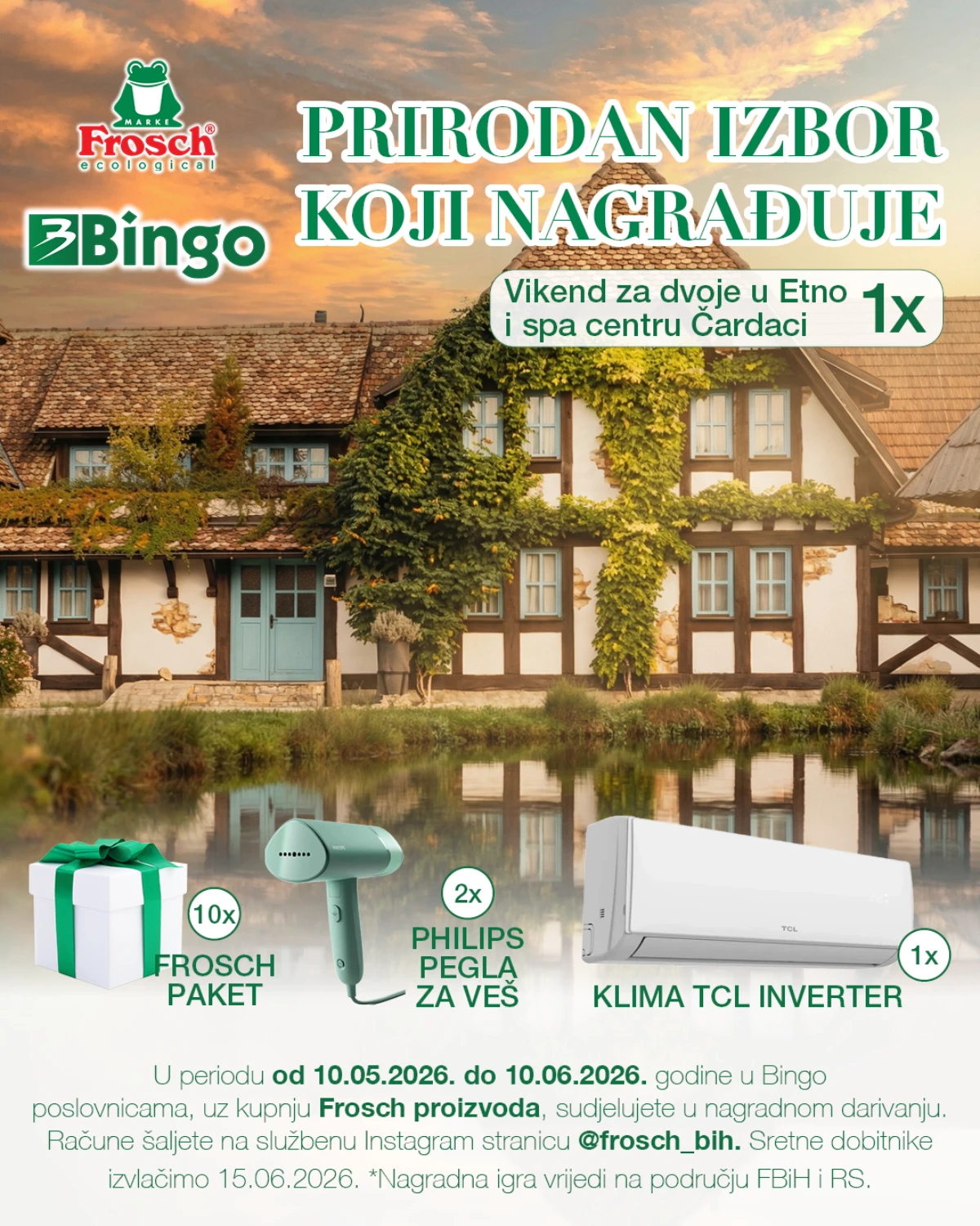 Bingo i Frosch nagradna igra do 10.06.2026 – vikend u Čardacima, TCL inverter klima i vrijedne nagrade