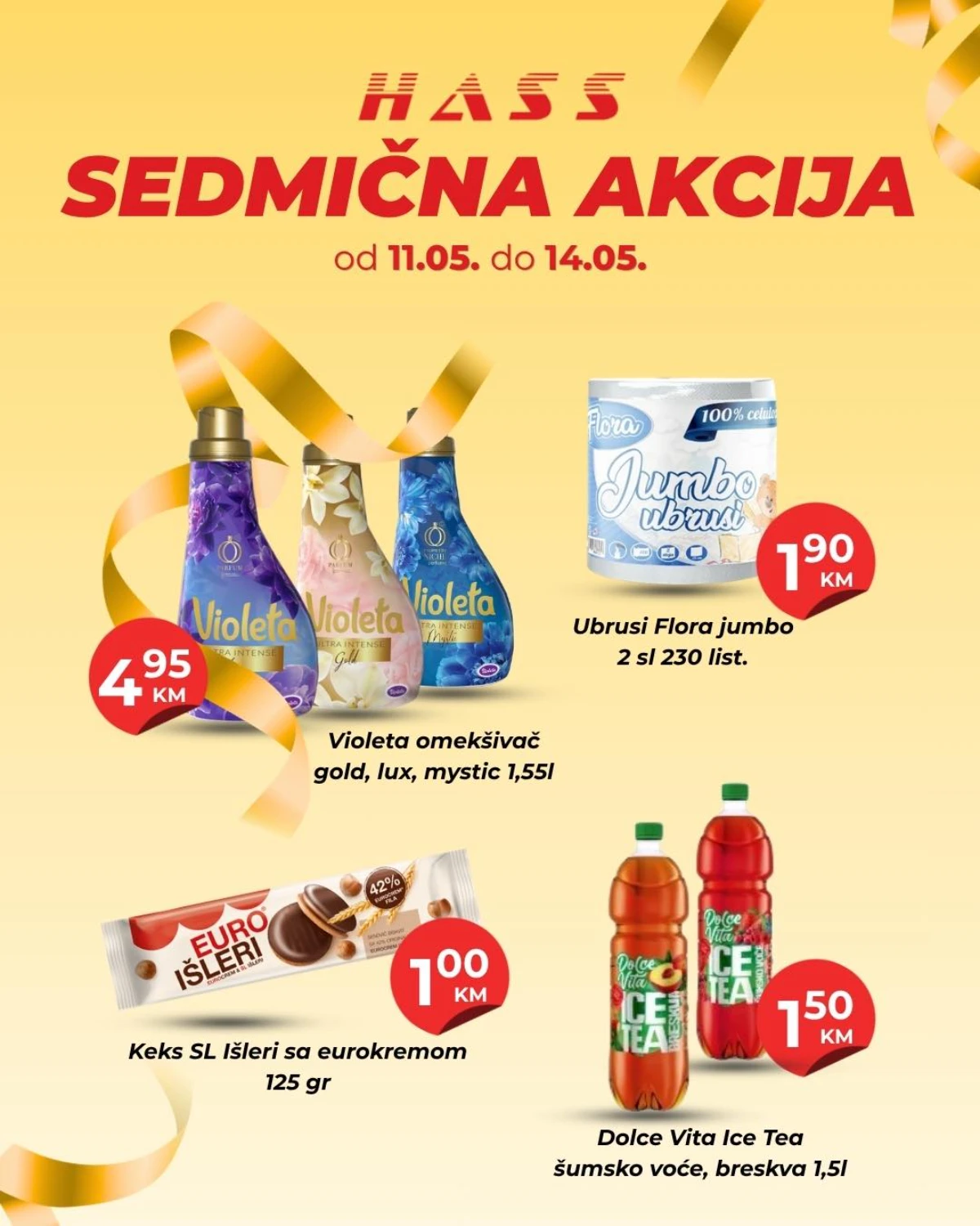 Hass Komerc sedmična akcija maj 2026 Violeta omekšivač Ice Tea Flora ubrusi i Euro Išleri na sniženju do 14.05.2026