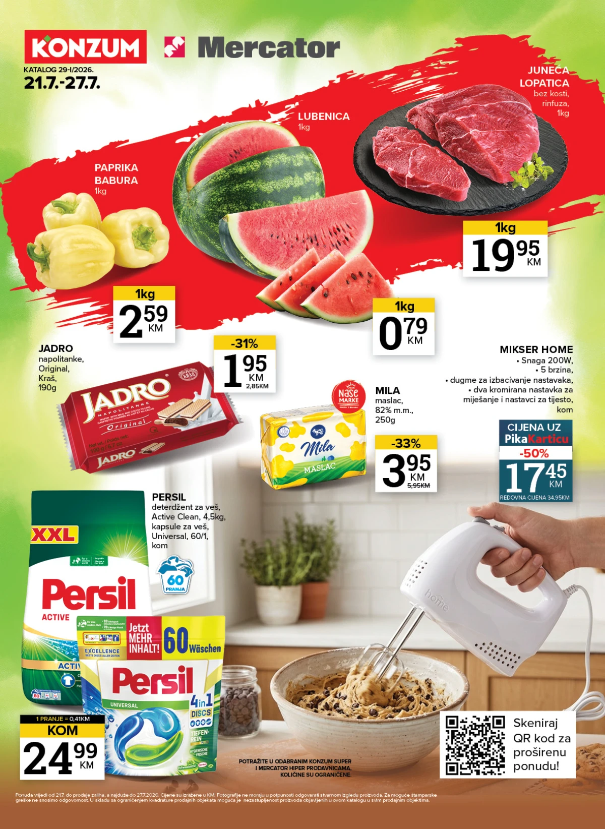 Konzum i Mercator katalog donosi sedmične akcije i uštede do 52% na meso, voće, maslac, deterdžente i kućanske aparate do 27.07.2026.