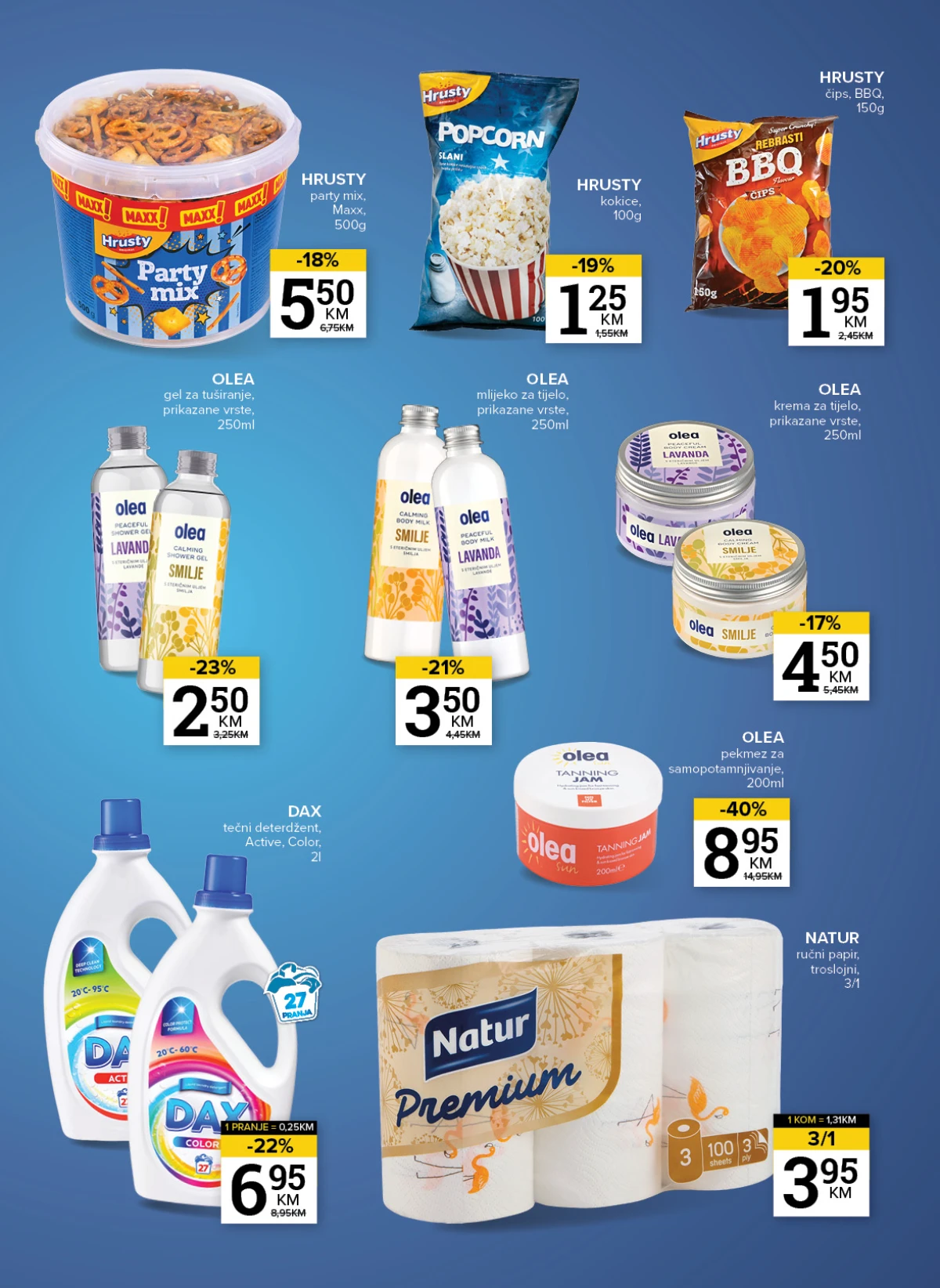 Konzum i Mercator katalog stranica 3 – Hrusty grickalice, Olea proizvodi, Dax deterdžent i Natur papir