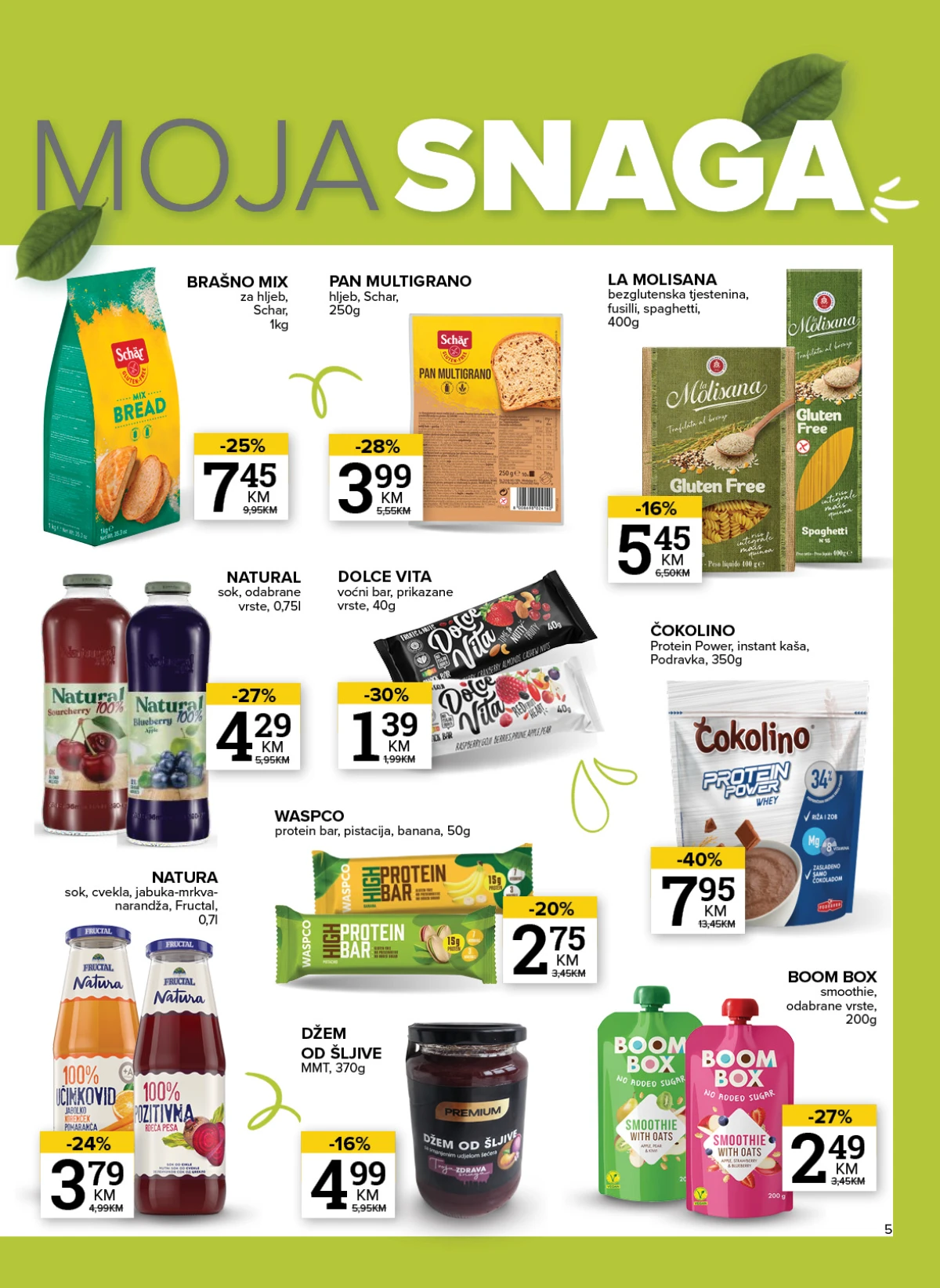 Konzum i Mercator katalog stranica 5 – bezglutenski proizvodi, proteinske pločice, sokovi i zdrava hrana