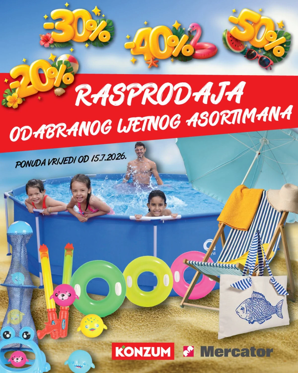 Konzum i Mercator rasprodaja ljetnog asortimana od 15.07.2026. – popusti do 50%