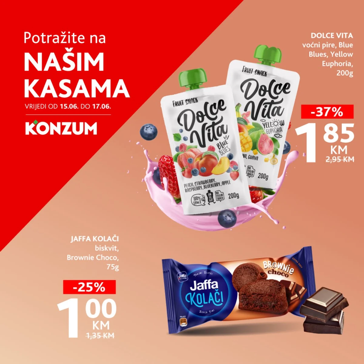 Konzum akcija na kasama do 17.06.2026 – Dolce Vita voćni pire 1,85 KM i Jaffa kolači 1,00 KM