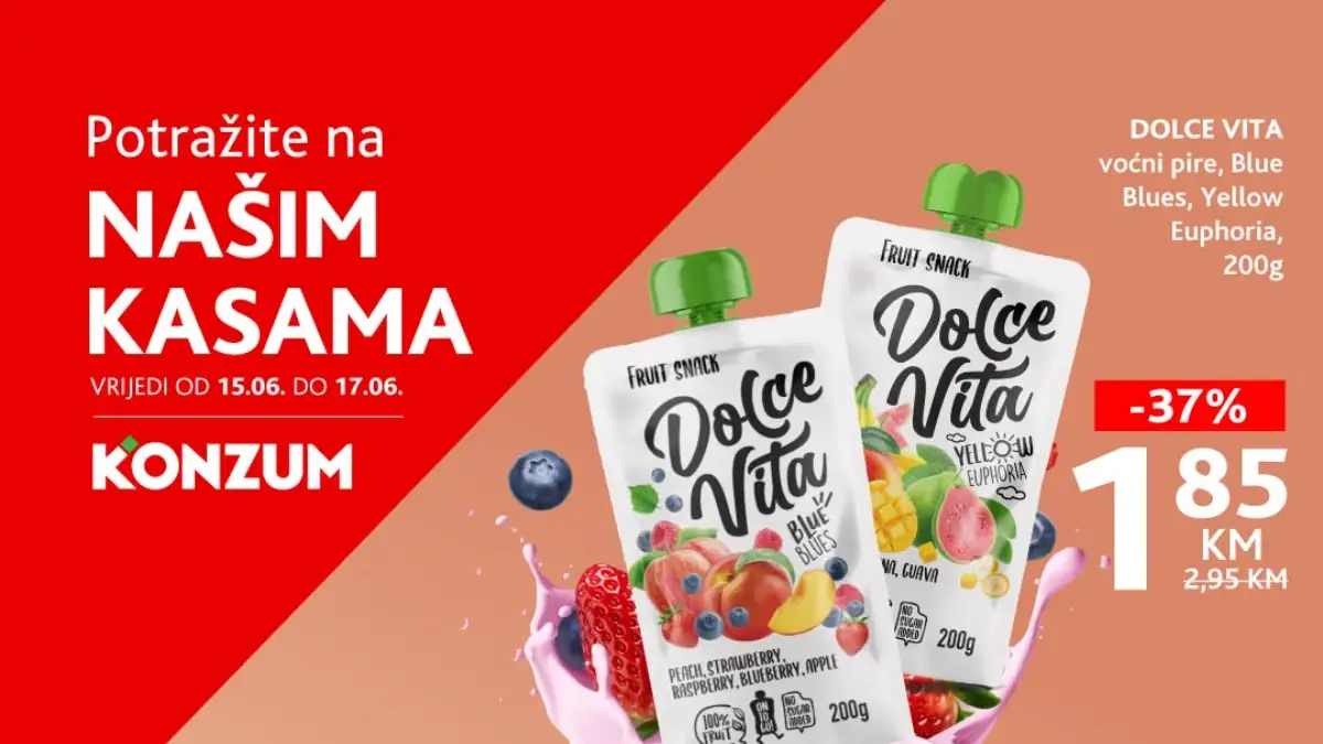 Konzum akcija na kasama do 17.06.2026 – Dolce Vita voćni pire 1,85 KM i Jaffa kolači 1,00 KM