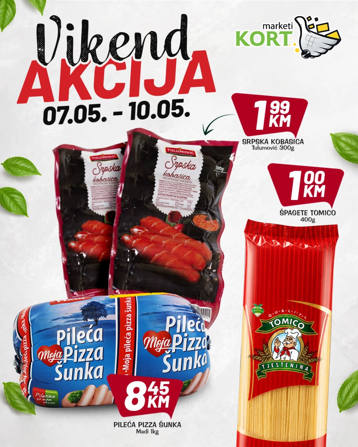 Kort katalog – pizza šunka, kobasice i špagete na akciji