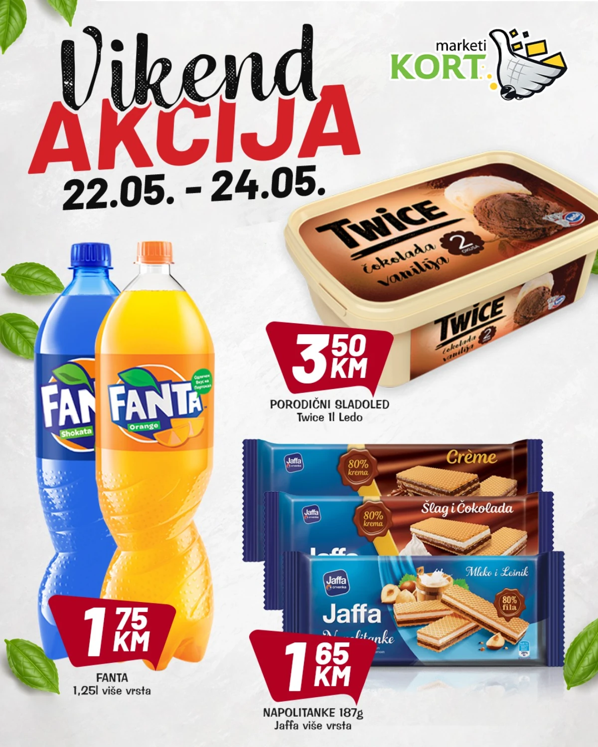 Kort vikend akcija – Twice sladoled, Fanta i Jaffa napolitanke Kort katalog maj 2026 – sladoled Twice 3,50 KM, Fanta 1,75 KM i Jaffa napolitanke 1,65 KM
