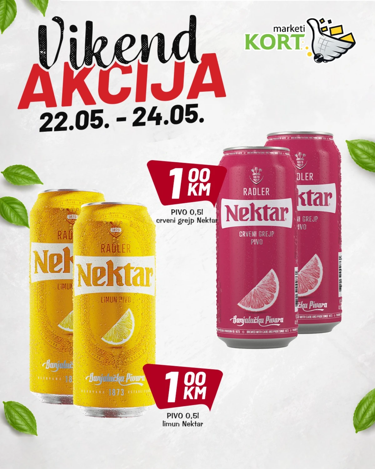 Kort akcija 22–24.05.2026 – Nektar limun i crveni grejp pivo Kort vikend katalog – Nektar limun pivo i crveni grejp pivo 1 KM