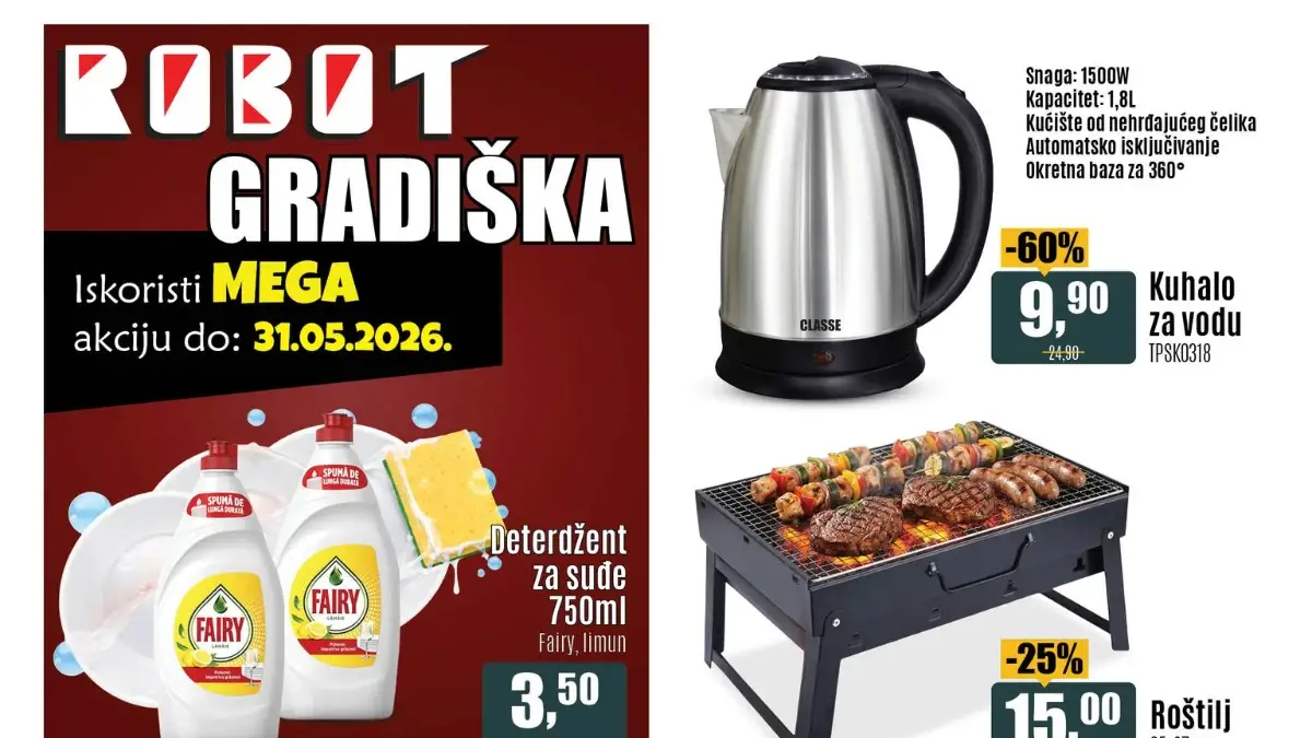 Robot Gradiška akcija do 31.05.2026 – kuhalo 9,90 KM, veš mašina 349 KM i biciklo 89 KM
