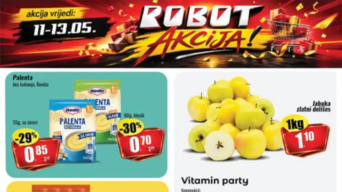 Robot akcija maj 2026 jabuke krompir tjestenina tuna salata narandže i prehrambena sniženja