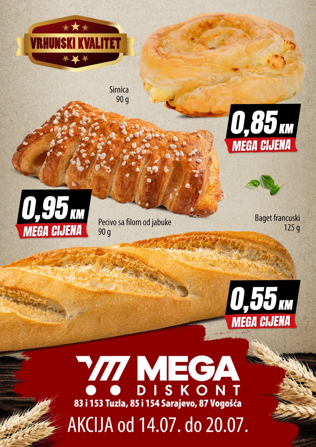 Mega Diskont pekara akcija od 14.07. do 20.07.2026. – baget francuski, sirnica i pecivo sa filom od jabuke po mega cijenama