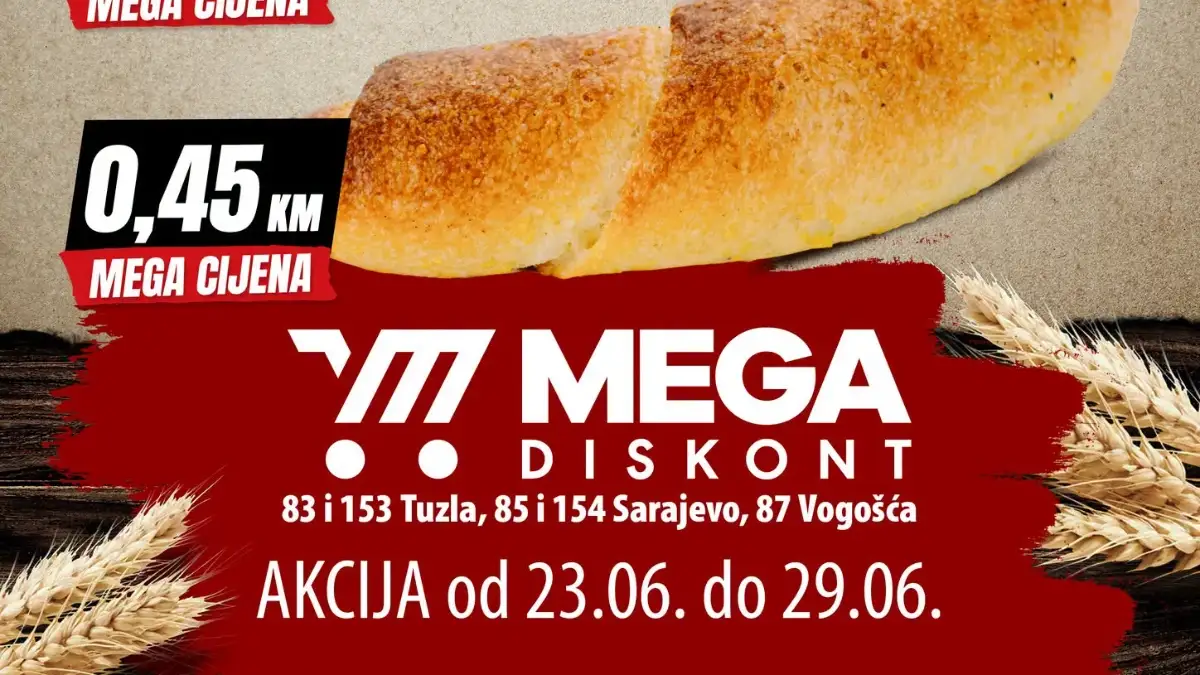 Mega Diskont pekara akcija do 29.06.2026 – pita sa piletinom 1,75 KM, čokoladno pecivo 1,15 KM i kifla 0,45 KM