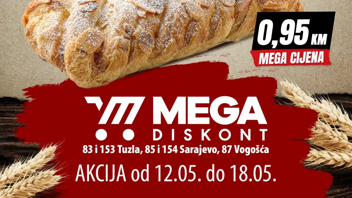 Mega Diskont pekara akcija maj 2026 – kifla zlatna 50 g za 0,45 KM, zeljanica 90 g za 0,85 KM i pecivo štrudla 95 g za 0,95 KM