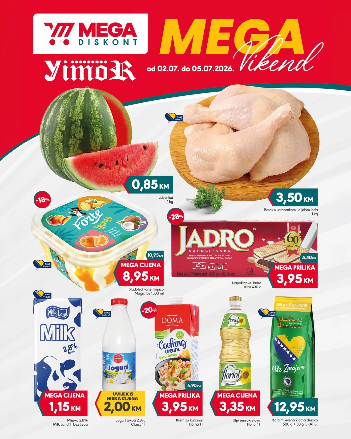 Mega Diskont Yimor vikend akcija do 05.07.2026 – prehrana, piće i proizvodi za domaćinstvo po sniženim cijenama